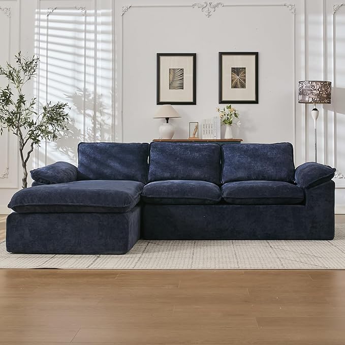 105.6”L Shape Modular Sectional Couch for Living Room, Modern Cloud Sectional 3 Seat Sofa with Oversized Chaise, Woven Texture Upholstery Boneless Couch (Blue, Left Facing Chaise)