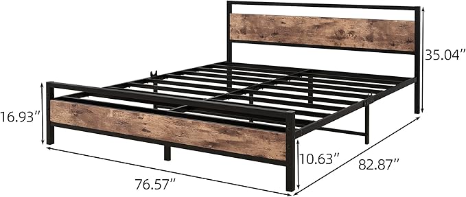 BOFENG Black King Size Bed Frame with Wood Headboard,Industrial Metal Platform Bed Frame King Size with Storage No Box Spring Needed,Strong Steel Slats Support,Easy Assembly,Vintage Brown