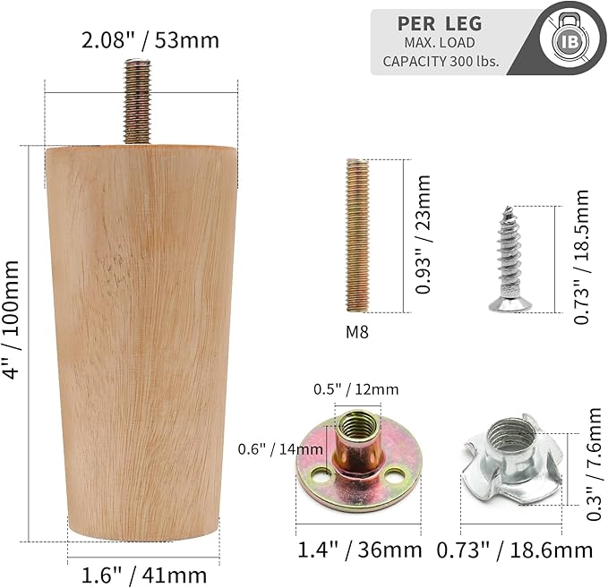 4pcs 4 Inch Wood Furniture Legs, Straight Conical Solid Wood Sofa Legs, Mid-Century Style Furniture Feet for Sofa Cabinet Table Cupboard Couch Ottoman Home DIY Projects