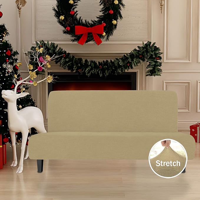 Easy-Going Stretch Futon Slipcover Armless Futon Bed Cover Furniture Protector Without Armrests with Elastic Bottom for Kids, Soft Jacquard Fabric Small Checks (Large, Beige)