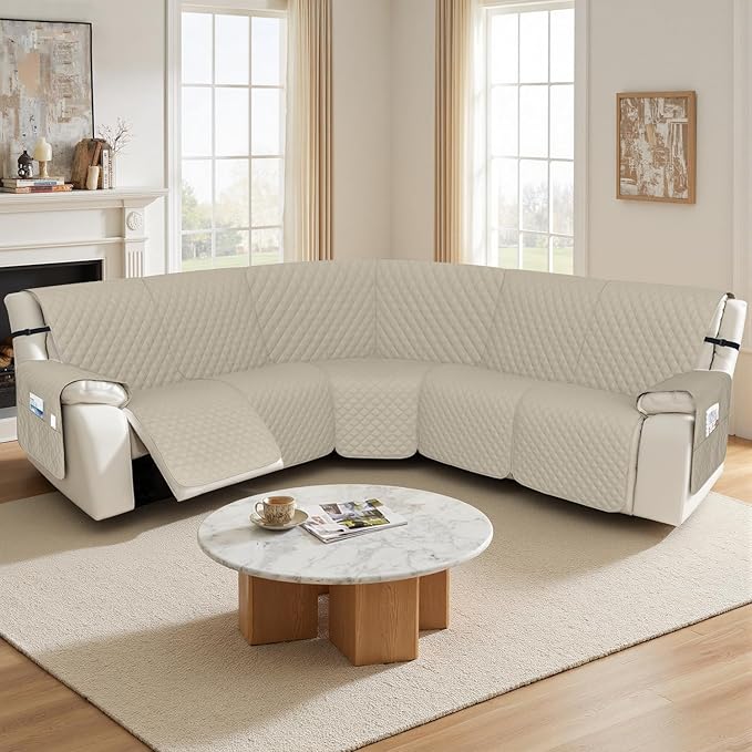 Arfntevss Recliner Sectional Couch Covers 1OO% Waterproof L Shape Sofa Cover for Reclining L Shaped Sectional Slipcover for Dog Washable Corner Non Slip Furniture Protector (5 Seater, Light Khaki)