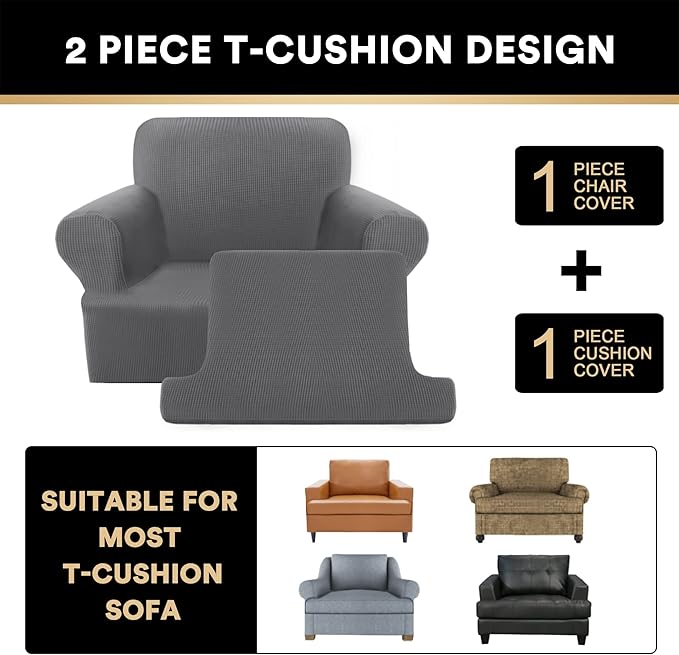 PrinceDeco 2 Pieces T Cushion Chair Slipcover Stretch Couch Covers for T Cushion Sofa Slipcovers Chair Covers Armchair with 1 Individual T Shape Seat Covers Width Up to 40", Grey