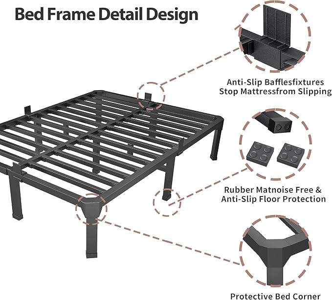 ROIL 18 Inch King Size Bed Frame with Mattress Slide Stopper - Double Black Basic Anti Squeak Steel Slats Metal Platform, Heavy Duty Noise Free Easy Assembly Bedframes, No Box Spring Needed