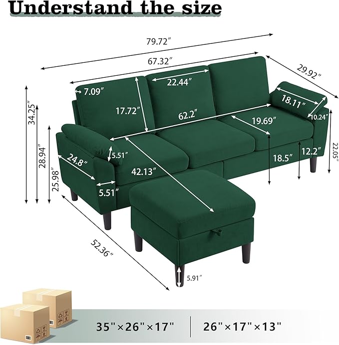 79" Convertible Sectional Sofa, Modern Linen Small L Shaped Couch with Reversible Chaise and Storage Ottoman, 3-Seat Sofa Couches for Living Room, Office, Apartment, Green