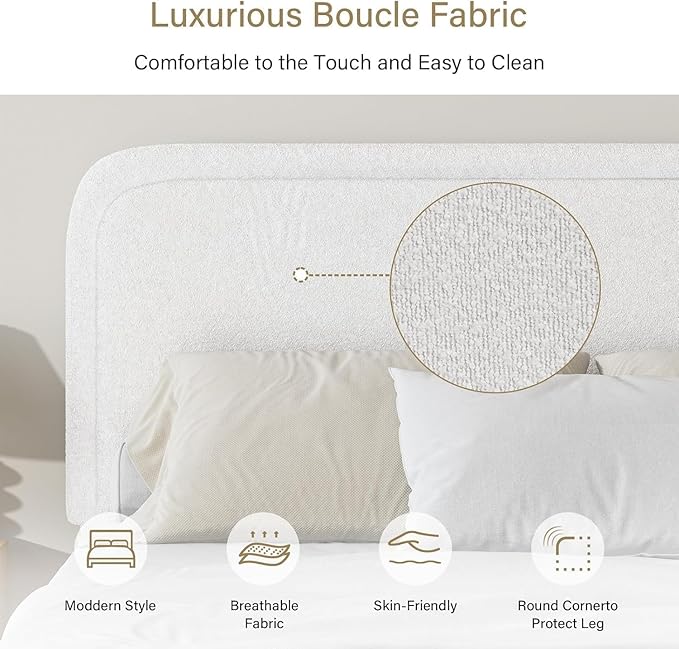 BarnFurin Twin Bed Frames with Headboard,Cloud Boucle Upholstered Platform Bed, Soft Rounded Corners, No Box Spring Needed, Non-Slip and Noise-Free, Easy Assembly, White