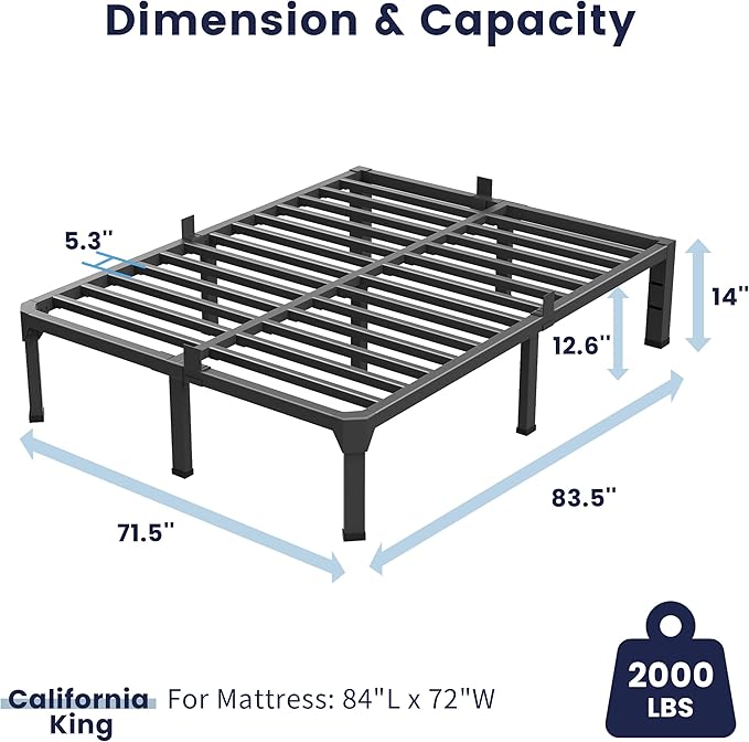 Superay California King Bed Frame with Mattress Slide Stopper, 14 Inch Metal Platform Bed Frame, Heavy Duty Tall Bed Frame No Box Spring Needed with Large Storage Space, Easy Assembly, Noise Free