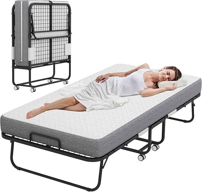 Espsilto Folding Bed with Mattress for Adults, 75x31 Cot Size Portable Foldable Roll Away Beds for Guest with Memory Foam Mattress, Space Saving Fold Up Bed