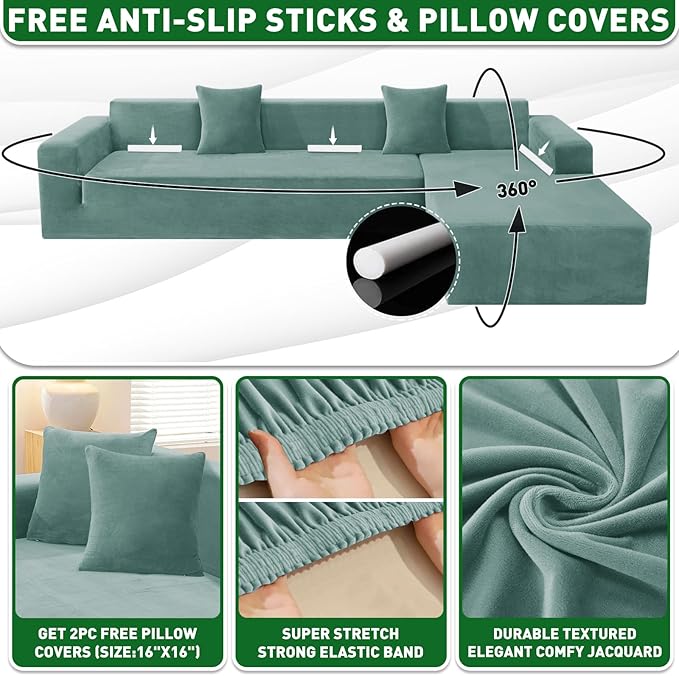 ZNSAYOTX 2026 Soft Velvet Sectional Couch Covers, Luxury Plush Slipcovers with Elastic Bottom for L Shape Sectional Sofa, 2 Pcs Pet Friendly Protector (3 Seat Couch + 3 Seat Chaise, Pea Green)