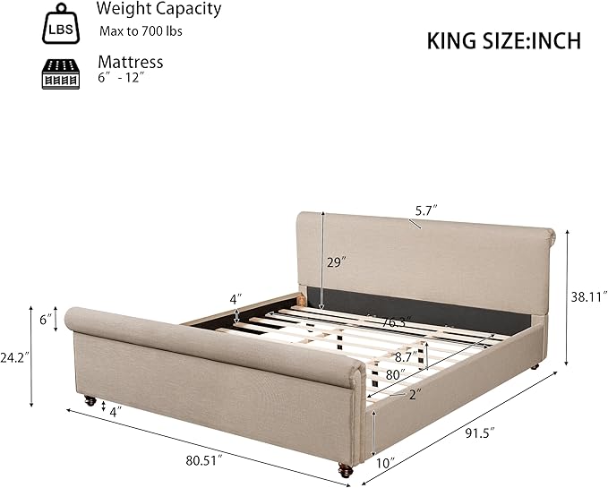 Christopher Knight Home Chenzi Linen Upholstered King Bed Frame and Headboard with Footboard, Wooden Platform King Size Bed Frame and Double-Layer Oval Legs, No Box Spring Needed, Sand Brown