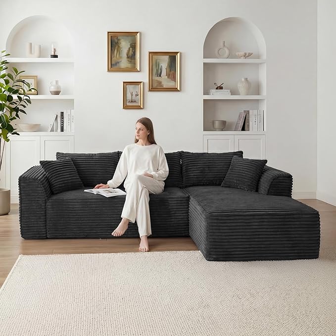 Vesgantti 106" Cloud Couch with Chaise, Deep Seat Fluffy Modular Sectional Sofa Corduroy Memory Foam Boneless Couches for Living Room Bedroom, No Assembly Required (Grey, Right-Facing Chaise)