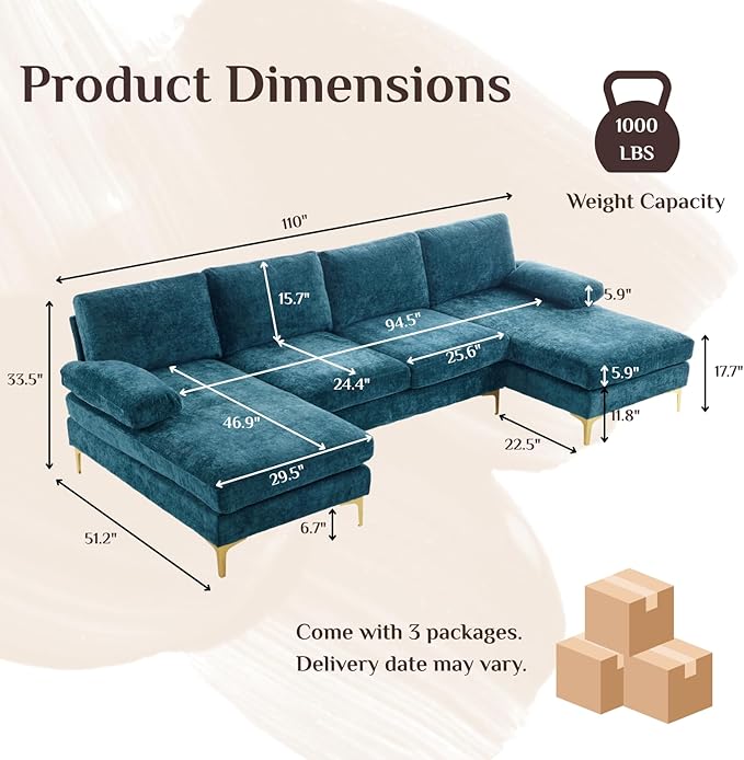 Karl home Convertible Sectional Sofa 110" U-Shape Sofa Couch 4-Seat Couch with Chaise ChenilleFabric Upholstered for Living Room, Apartment, Office, Peacock Blue