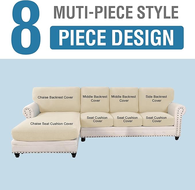 H.VERSAILTEX Sectional Couch Covers 8 Pieces Stretch Sofa Covers for Sectional Sofa Set Separate L Shaped Couch Cover for Both Left/Right Couch (Seat and Back: 1 Chaise + 3 Sofa, Natural)