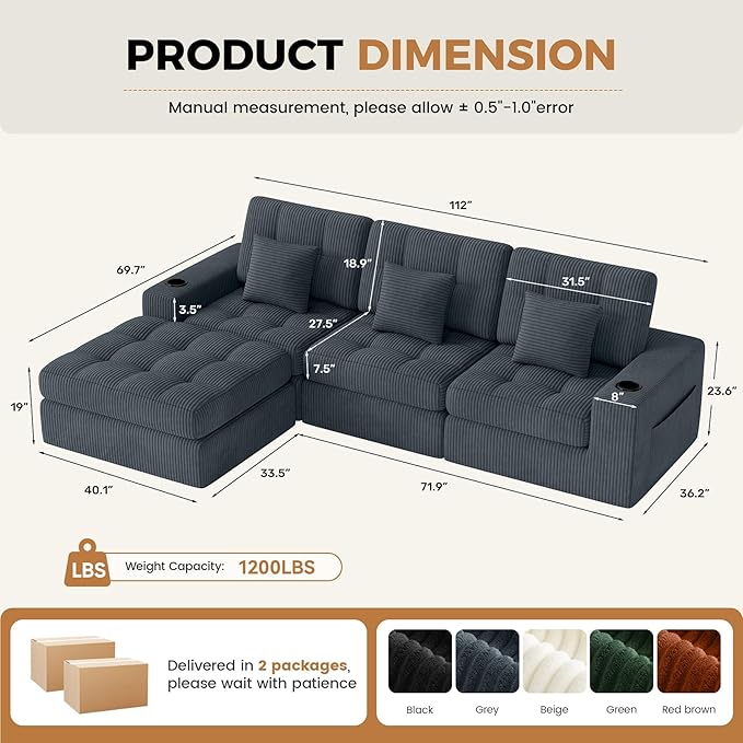 112" L Shaped Cloud Boneless Couch,Modern Modular Sectional Sofa with Layered Cushion,No Assembly Convertible Corduroy Couches for Living Room,Dark Grey 1 PCS