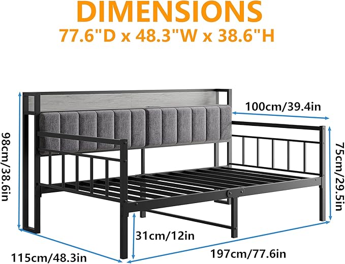 BOFENG Metal Daybed Frame Twin Size with Charging Station,Metal Twin Bed Frame with Upholstered Headboard with Strong Steel Slats for Living Room,Bedroom and Guest Room