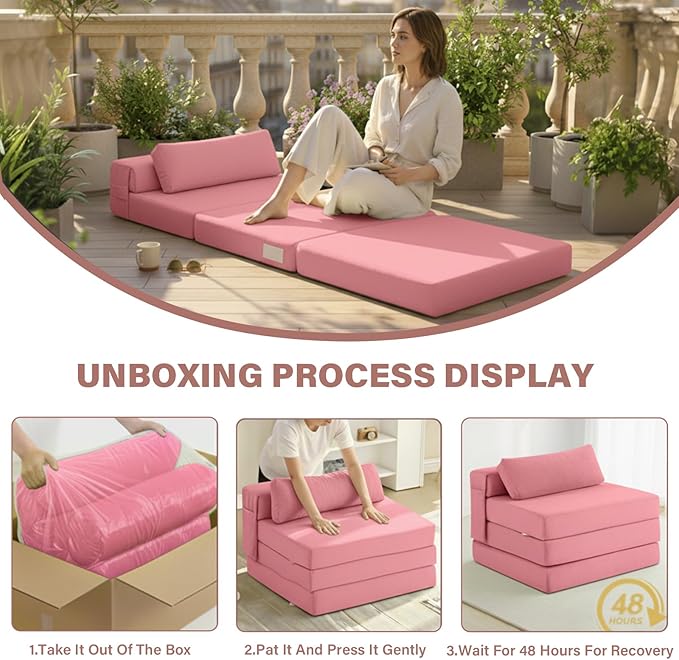 Tiita Folding Sofa Bed Chair, 4-Fold Convertible Sleeper Chair with Lumbar Pillow, Washable Cover & Side Pocket, Floor Couch Bed with Raised Seat, Single Size for Small Spaces, Pink