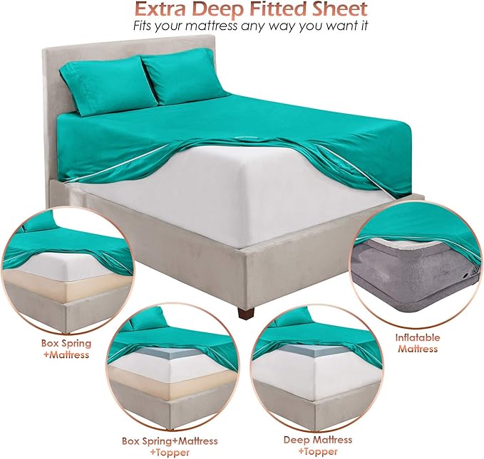 Hearth & Harbor Extra Deep Pocket Sheets - Fits Mattress 18-24 Inches Deep - Extra Deep Pocket Full Size Sets - 6 Piece Full Size - Full - Teal