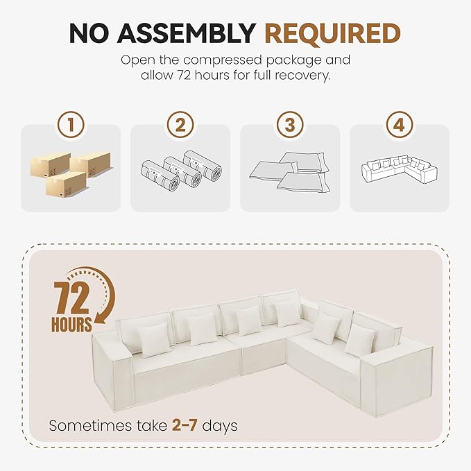 138'' Boneless L Shaped Couch, Oversized Modular Sectional 6 Seater Sofa, Modern Deep Seat Corner Cloud Compressed Couch, No Assembly Sleeper Sofa with Chaise for Living Room, Beige