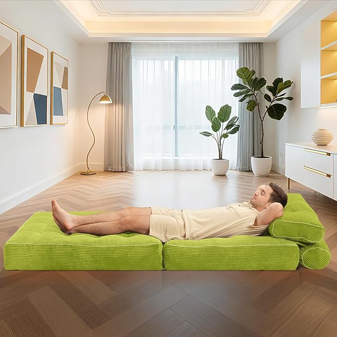 HABUTWAY Folding Sofa Bed, Convertible Sleeper Chair Bed w/Dual-Pillow & Handle, Foldable Floor Sofa Lounge w/Back Support for Living Room, Bedroom, Apartment, Office, Single, Green