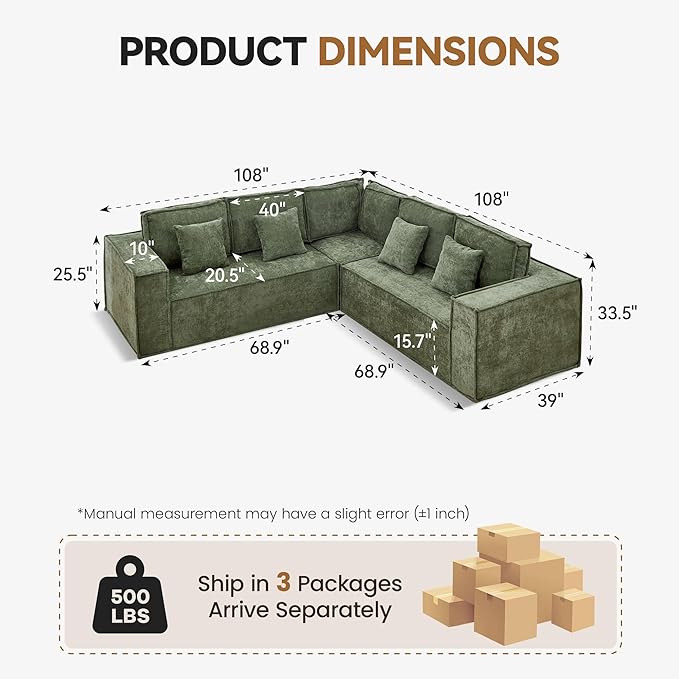 108'' Boneless Chenille L Shaped Couch, Oversized Modular Sectional 5 Seater Sofa, Modern Deep Seat Corner Cloud Compressed Couch, No Assembly Sleeper Sofa with Chaise for Living Room, Green