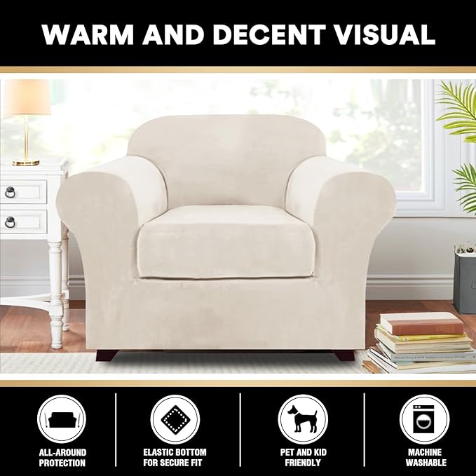 PrinceDeco Velvet Plush Couch Cover Stretch 2 Piece Chair Cover Chair Slipcover Washable Furniture Protector Couch Soft with Elastic Bottom Armchair Cover Width Up to 49 Inch(Small, Cream)