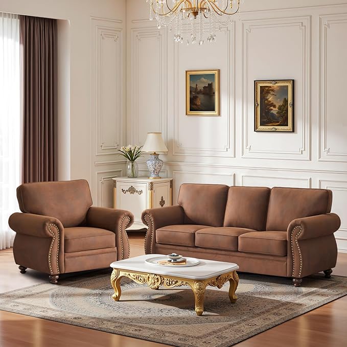 Living Room Furniture Sets,Sofa Sets and Couch Sets for Living Room,Mid-Century Vintage Sofa Couches with Rivet Design (Caramel, Single+3 Seater)