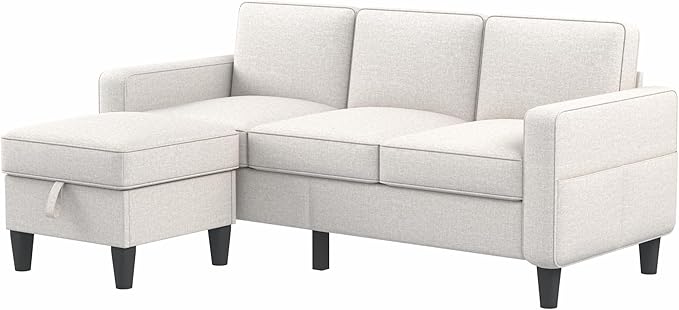 Sectional Couches for Living Room - Convertible 3 Seater L Shaped Couch with Storage Ottoman USB Charging Port - Beige Modern Linen Fabric Sofas Furniture Set for Apartment Loft Studio Small Space | USB Charging Port