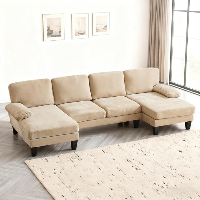 Karl home 111" Sectional Sofa U-Shaped 4-Seat Couch with Chaises Wood Grian Legs Chenille Fabric Upholstered for Living Room, Apartment, Office, Khaki