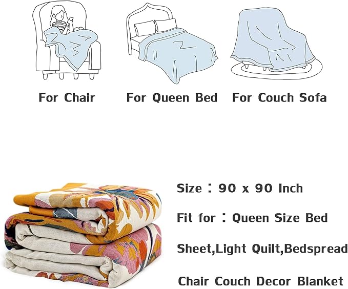 Queen Throw Blanket for Bed 100% Cotton Boho Breathable Soft Quilt Butterfly and Floral Double Embroidery Lightweight Spring Blanket Bedspread,90"x90" All Season Blankets for Bedding Couch Room Decor