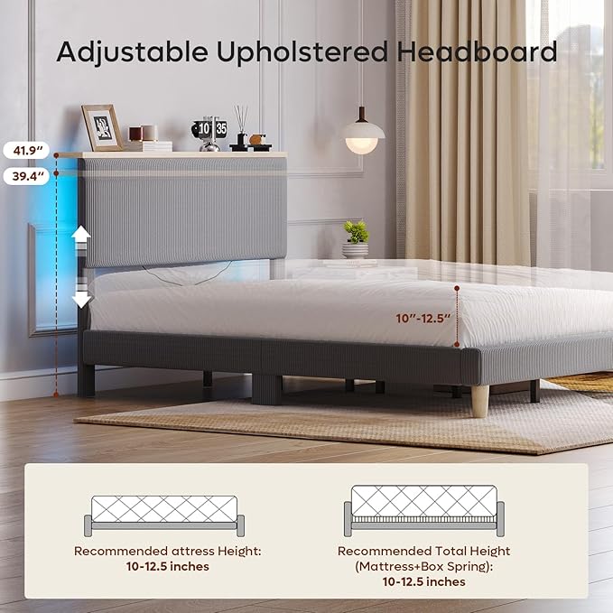 Bestier Queen Bed Frame with Adjustable Headboard & LED Lighting, Corduroy Upholstered Platform Bed Frame with Storage Shelf, Solid Wood Slats, No Box Spring Needed, Never Squeak, Easy Assembly, Grey