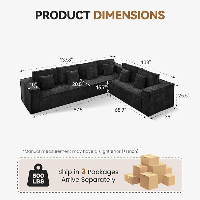 138'' Boneless Chenille L Shaped Couch, Oversized Modular Sectional 6 Seater Sofa, Modern Deep Seat Corner Cloud Compressed Couch, No Assembly Sleeper Sofa with Chaise for Living Room, Black