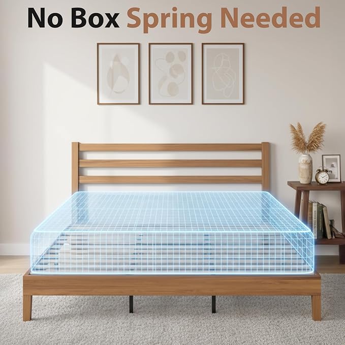 Sweetcrispy Solid Wood Bed Frame - King Size Mattress Foundation with Headboard, No Box Spring Needed with 1100LBS Sturdy Wooden Slats Support, Noise Free, Easy Assembly