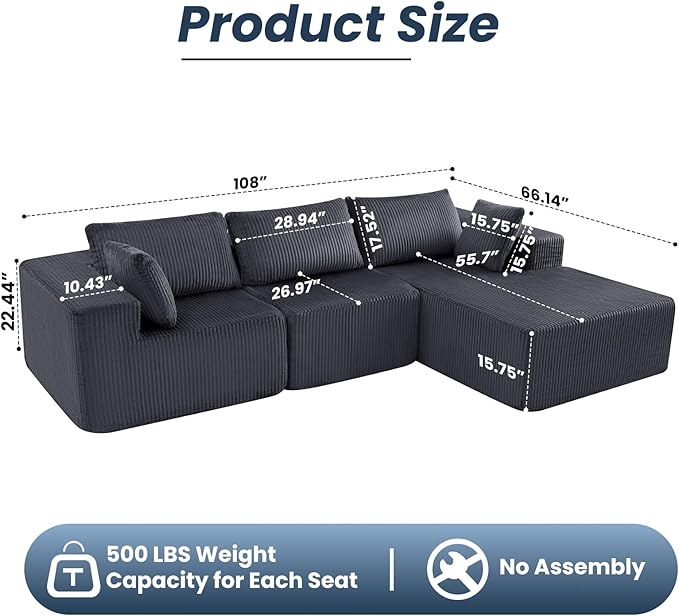 DUMOS 108" Boneless Couch, Cloud Sectional Couch with L-Shape Chaise, Modular Sectional Sofa with Deep Seat, Fluffy Couch for Living Room Bedroom, No Assembly Required (Grey, Right Facing Chaise)