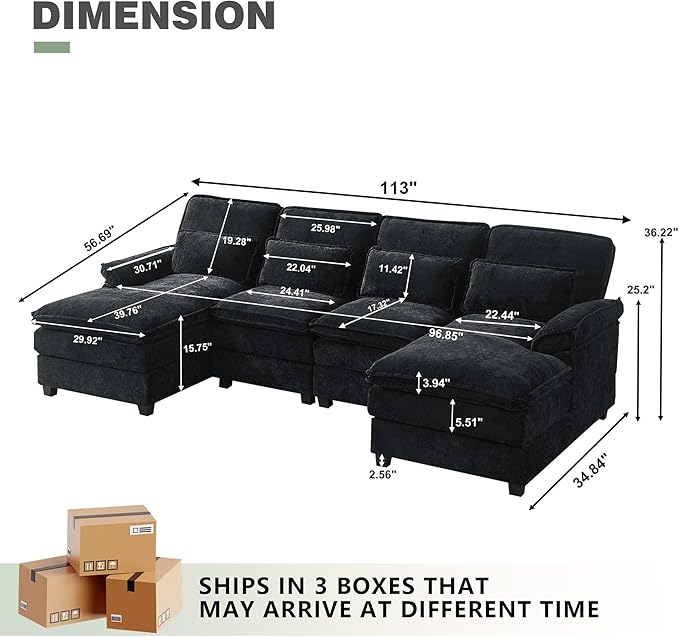 112" Modular Sectional Sofa, U Shaped Comfy Cloud Couch with Double Chaise and Padded Armrests, Modern Deep Seat Sectional Couches for Living Room, Apartment, Office, Black