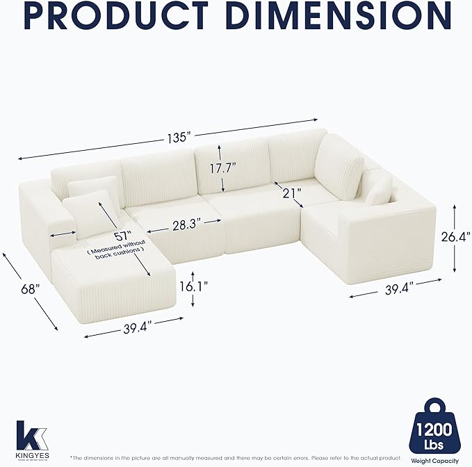 KINGYES 135'' Modular Sectional U Shaped Sofa, Upholstered Corduroy Boneless Couch Cloud Couch for Living Room, Beige