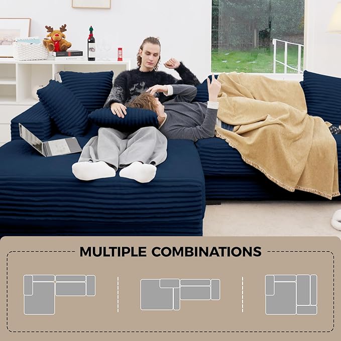 111'' Modular Sectional Cloud Couches with Chaise, L Shaped Large Sleeper Couch Fluffy Corduroy with 8pcs Pillows for Living Room(Blue Left Facing Chaise)