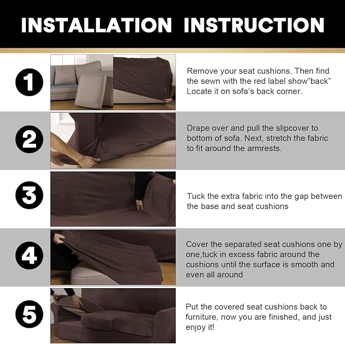 PrinceDeco Velvet Couch Covers for Sofa Soft 4 Pieces Couch Covers for 3 Cushion Couch Sofa Pet Friendly Furniture Protector with Non Slip Elastic Bottom Width Up to 97 Inch (Large Sofas, Brown)