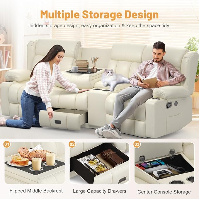 Recliner Sofa Set with Storage Console, Flip Middle Backrest Design PU Leather 3 Seater Reclining Sofa and Single Recliner Chair, Manual Couches for Living Room (Ivory, 3 Seat+Console+1)