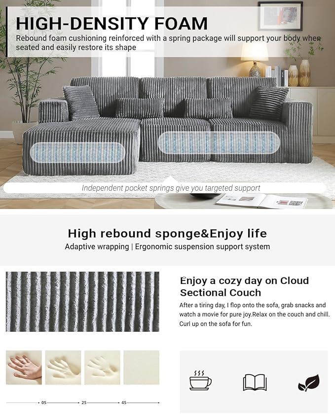110" Cloud Sectional Couch, Modular Sectional Sofa with Deep Seat, Corduroy Upholstered Boneless Couch for Living Room Bedroom, Left Facing Chaise (Grey, 110" Right Facing Chaise)