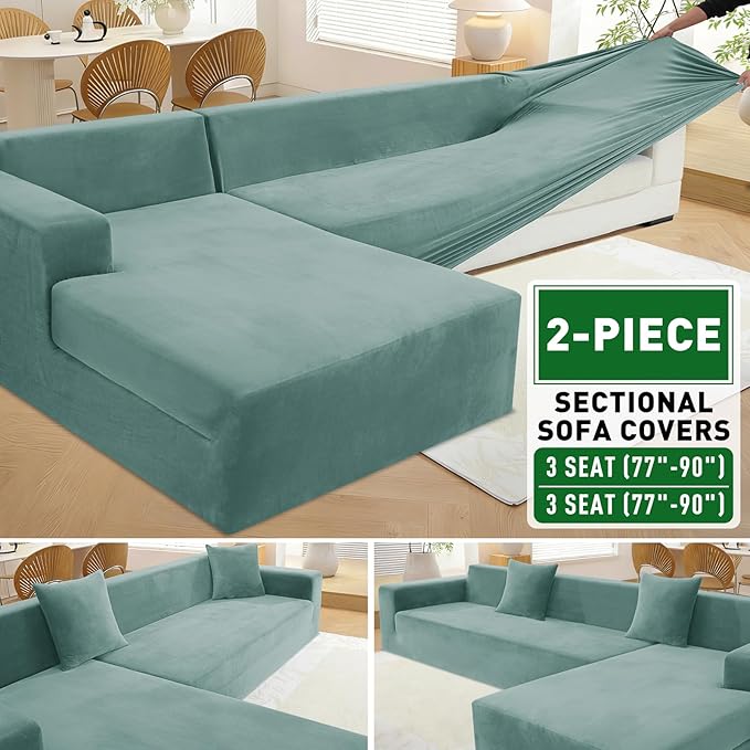 ZNSAYOTX 2026 Soft Velvet Sectional Couch Covers, Luxury Plush Slipcovers with Elastic Bottom for L Shape Sectional Sofa, 2 Pcs Pet Friendly Protector (3 Seat Couch + 3 Seat Chaise, Pea Green)