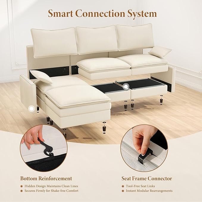 Vesgantti 108" Modular Sectional Sofa, Comfy Cloud Couch with Movable Ottoman Deep Seat Chenille L Shaped Modular Sofa, Sectional Couches for Living Room, Bedroom and Apartment, Beige