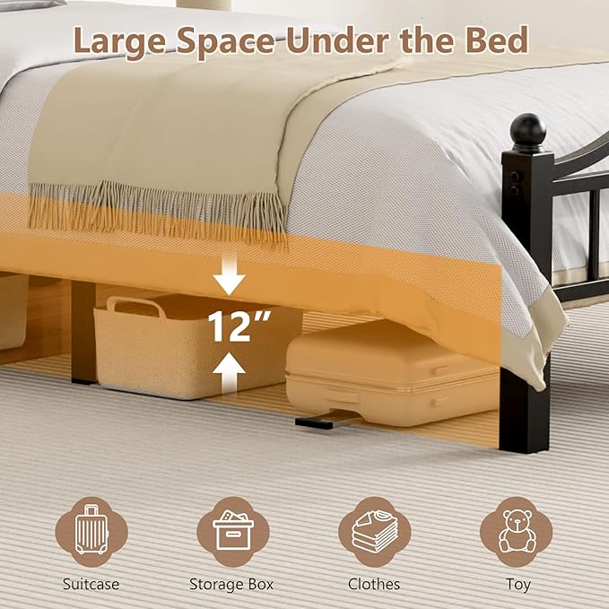 Metal Twin XL Bed Frame, Black, No Squeak Heavy-Duty 1500lbs Support & 12" Clearance Storage Tool-Free Setup in 30 Mins No Box Spring Needed