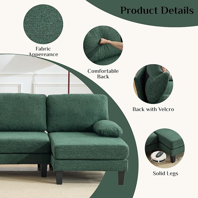 Karl home 110" U-Shape Sectional Couches for Living Room Chenille Upholstery 4 Seat Sofa Set with Double Chaises & Wood Grain Legs for Apartment, Green
