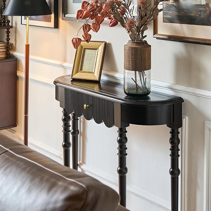 Solid Wood Console Table with Drawer – Black Entryway Table with Scalloped Edge and Straight Legs, Narrow Accent Sofa Table for Living Room or Hallway(Black)