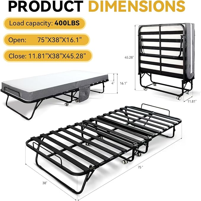 Folding Bed with Mattress for Adults, Twin Size Portable Foldable Bed with Metal & Wood Frame, Rollaway Guest, 75" x 38"