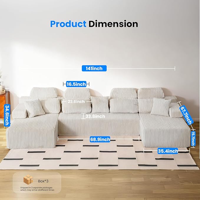 141’’ Cloud Sectional Couch with High Backrest, Convertible U-Shaped Modular Sectional Sofa with Deep Seat, Soft Corduroy Upholstery, Boneless Couches Comfortable for Living Room(Beige)
