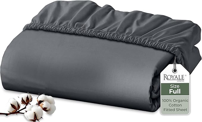 Royale Linens 100% Organic Cotton Fitted Sheet - Percale Weave - Super Soft Deep Pocket Bottom Sheets - Grey Elastic Sheet Full Size - Full Fitted Sheets Only - (54"x75"+15", Grey)