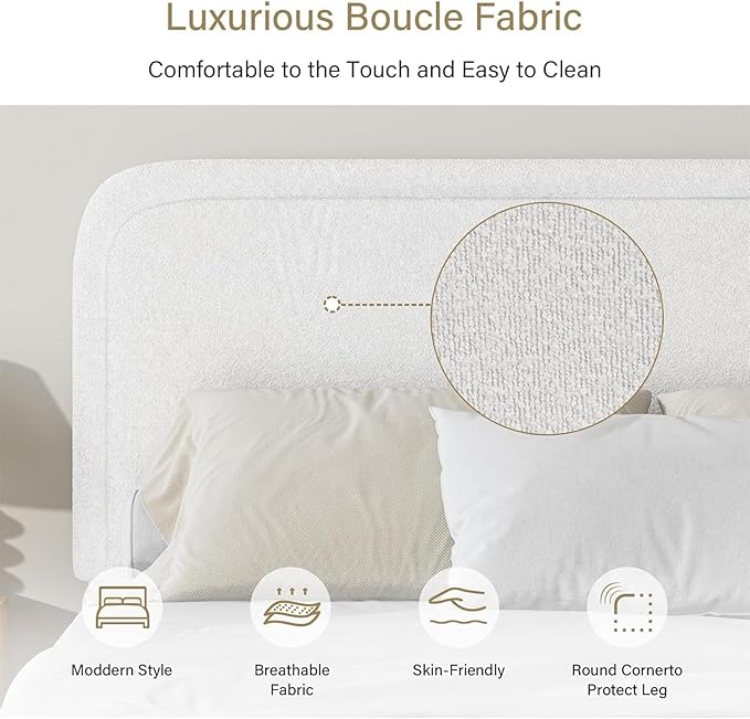 BarnFurin Boucle Upholstered Bed Frame King Size/Cloud Bed Frame/Soft Rounded Corners Headboard/Low Profile/No Box Spring Needed/Non-Slip and Noise-Free/White