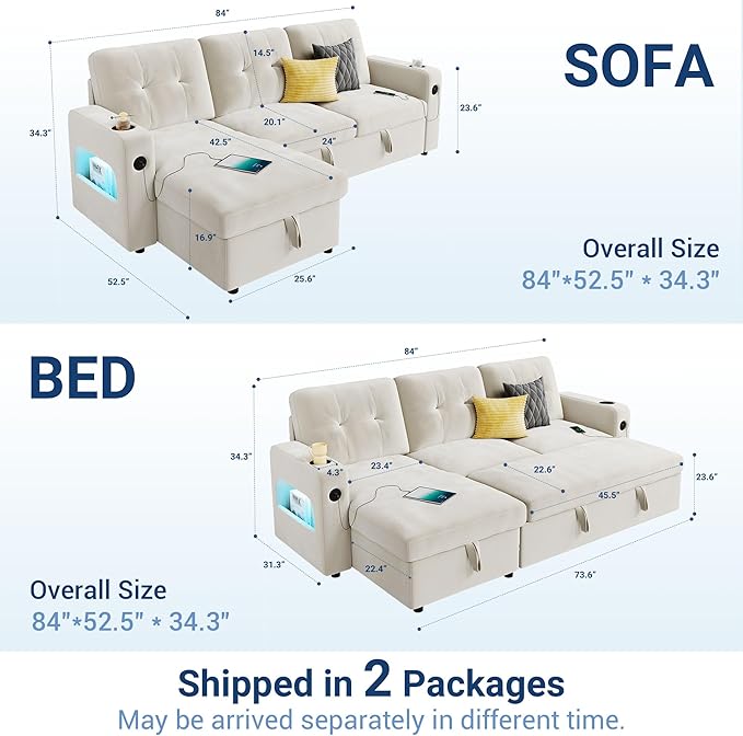 GarveeHome 84 Inch Sleeper Sofa Couch, L-Shaped Couches, Convertible Pull Out Sofa Bed with Storage, Charging Station, Led Lights, Modern Sectional Sofas for Living Room, Apartment, Velvet, Beige