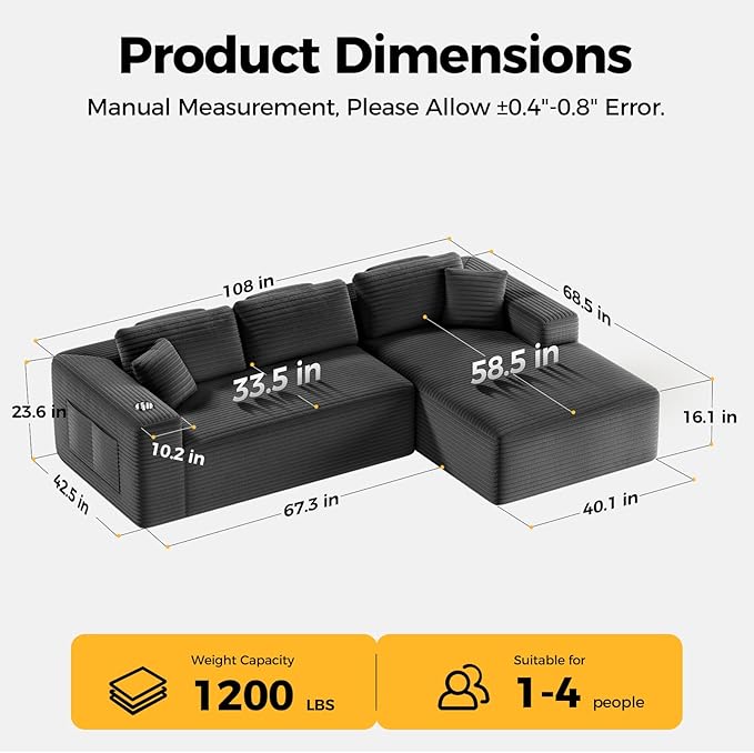 108” Cloud Sectional Couch, Modern Modular Sectional Sofa with Deep Seat, Corduroy Boneless Couches with Chaise, L-Shaped Sofa for Living Room, 4 Storage Pockets (Right Facing Chaise, Grey)