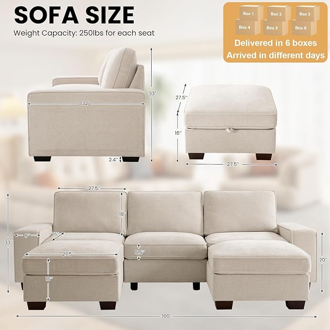 TEKAMON 100" Modular Sectional Sofa with Seats Storage, U Shaped Couch with 2 Movable Ottomans, Chenille Fabric Couch for Living Room, Spring Cushions, USB Port, Removable Covers, (Beige, U Shape)